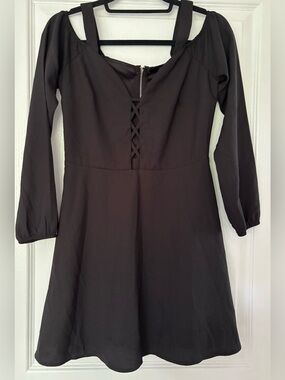 Black Long-Sleeve Lace-Up Fit & Flare Dress